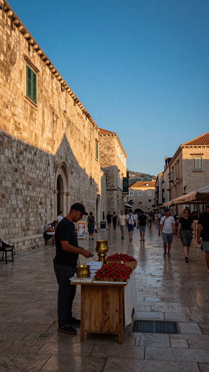 Golden Hour Street Scene in Dubrovnik Croatia with Strawberries and Brass in in Dubrovnik, Croatia