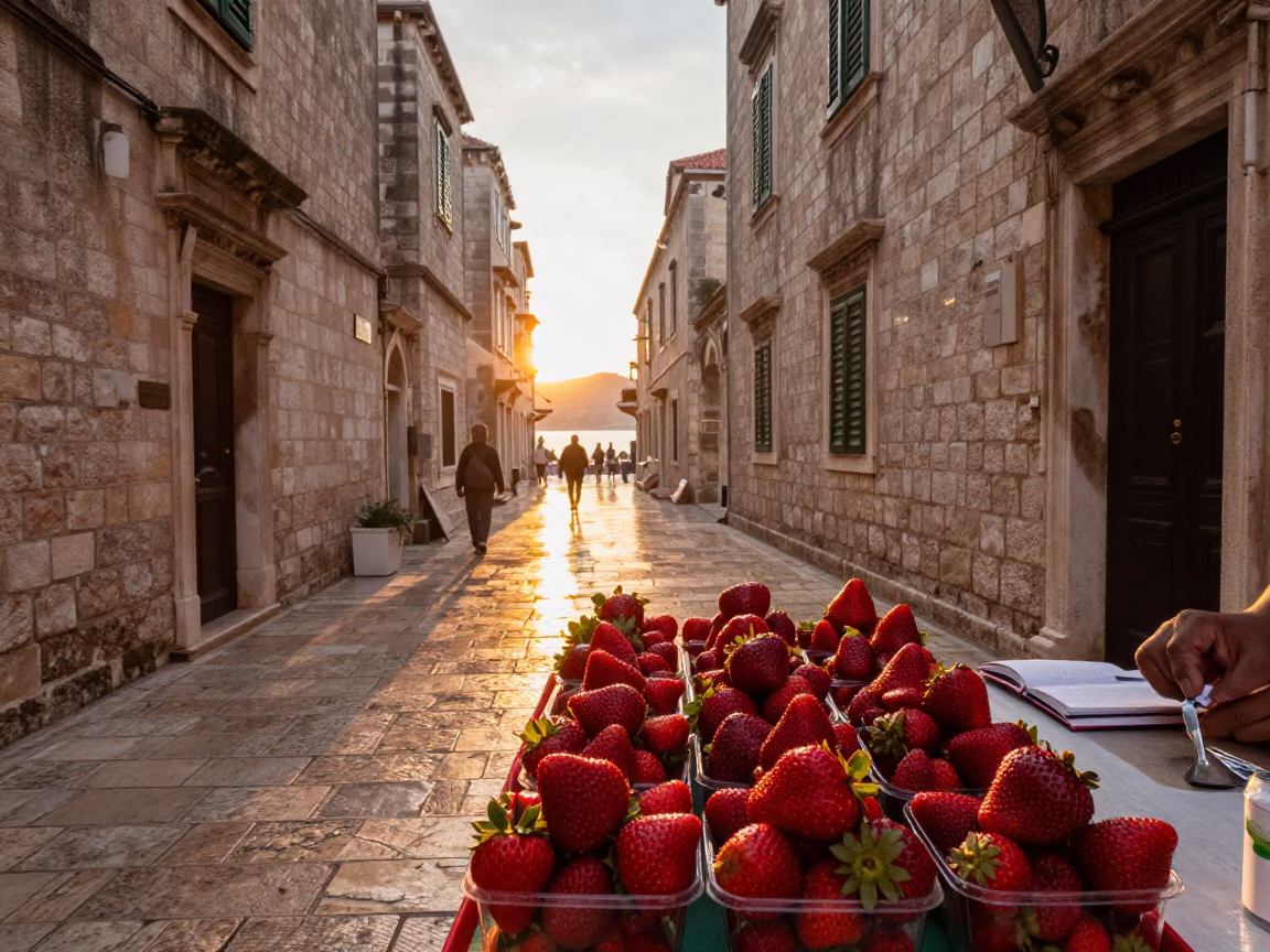 Golden Hour Street Scene in Dubrovnik Croatia with Strawberries and Notebook in in Dubrovnik, Croatia