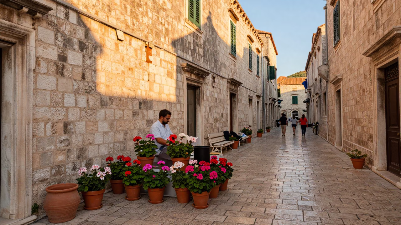 Golden Hour Street Scene in Dubrovnik Croatia with Terracotta Pots and Stone Walls in in Dubrovnik, Croatia