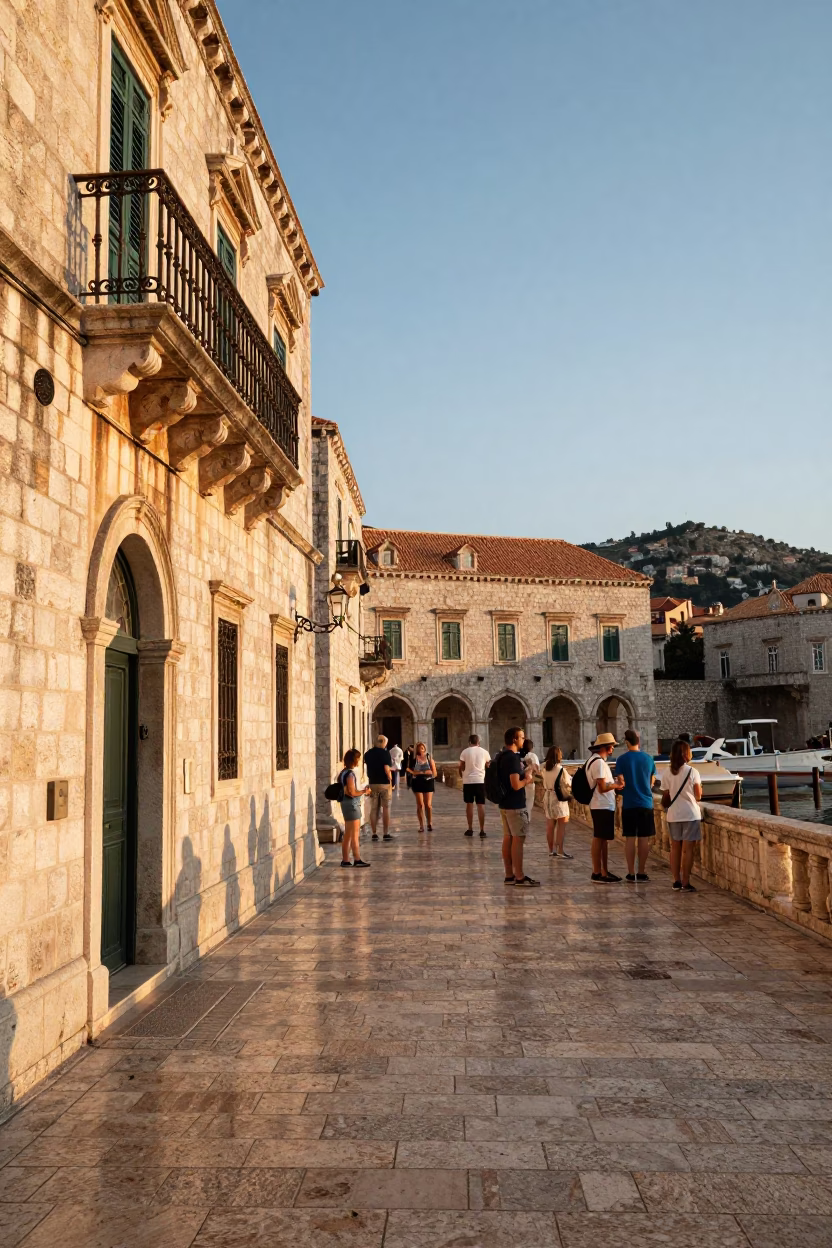 Golden Hour Street Scene in Dubrovnik Croatia with Tourists and Historic Stone Walls in in Dubrovnik, Croatia