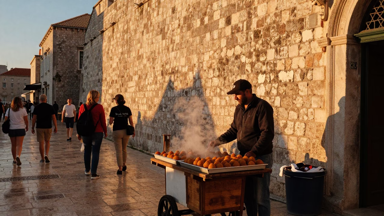 Golden Hour Street Scene in Dubrovnik Croatia with Tourists and Local Vendor in in Dubrovnik, Croatia