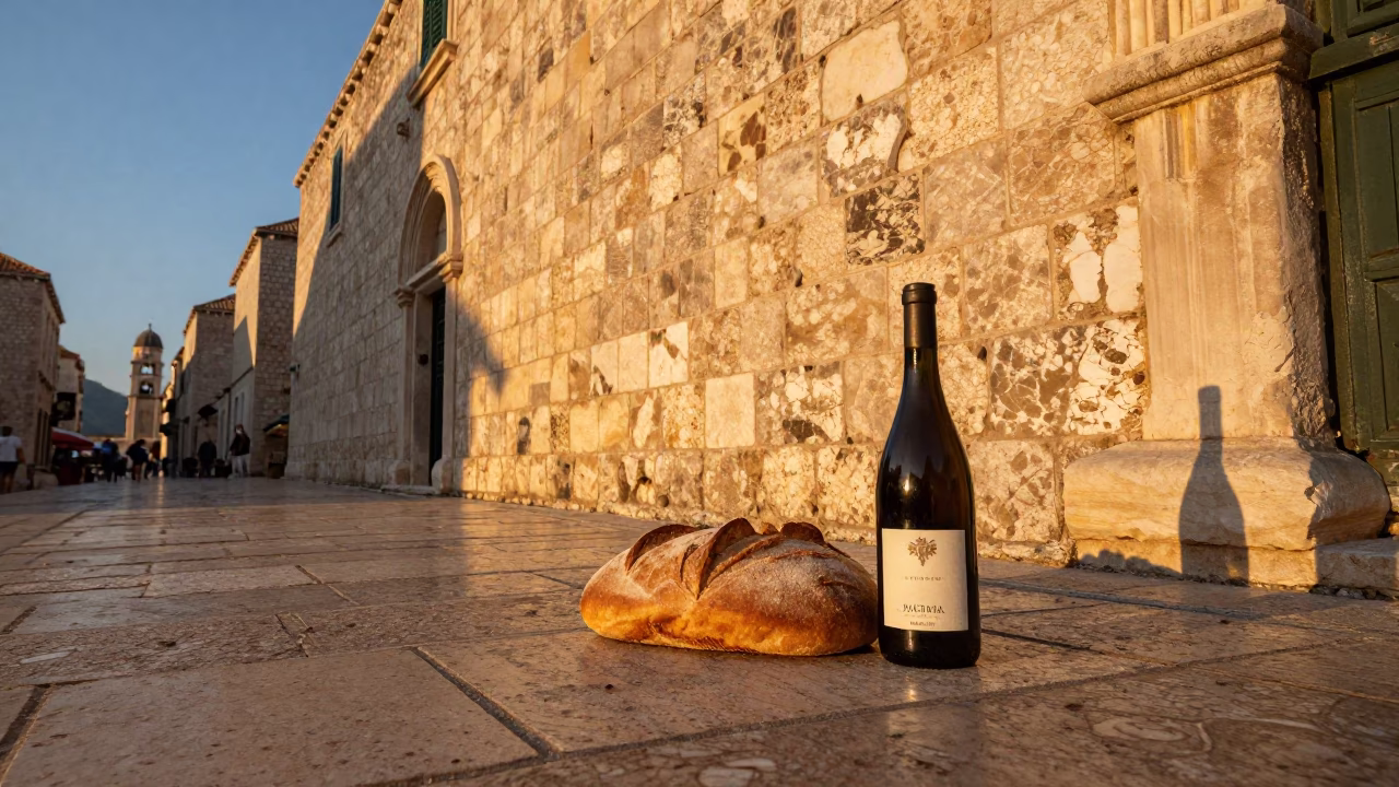 Golden Hour Street Scene in Dubrovnik Croatia with Traditional Bread and Wine Bottle in in Dubrovnik, Croatia