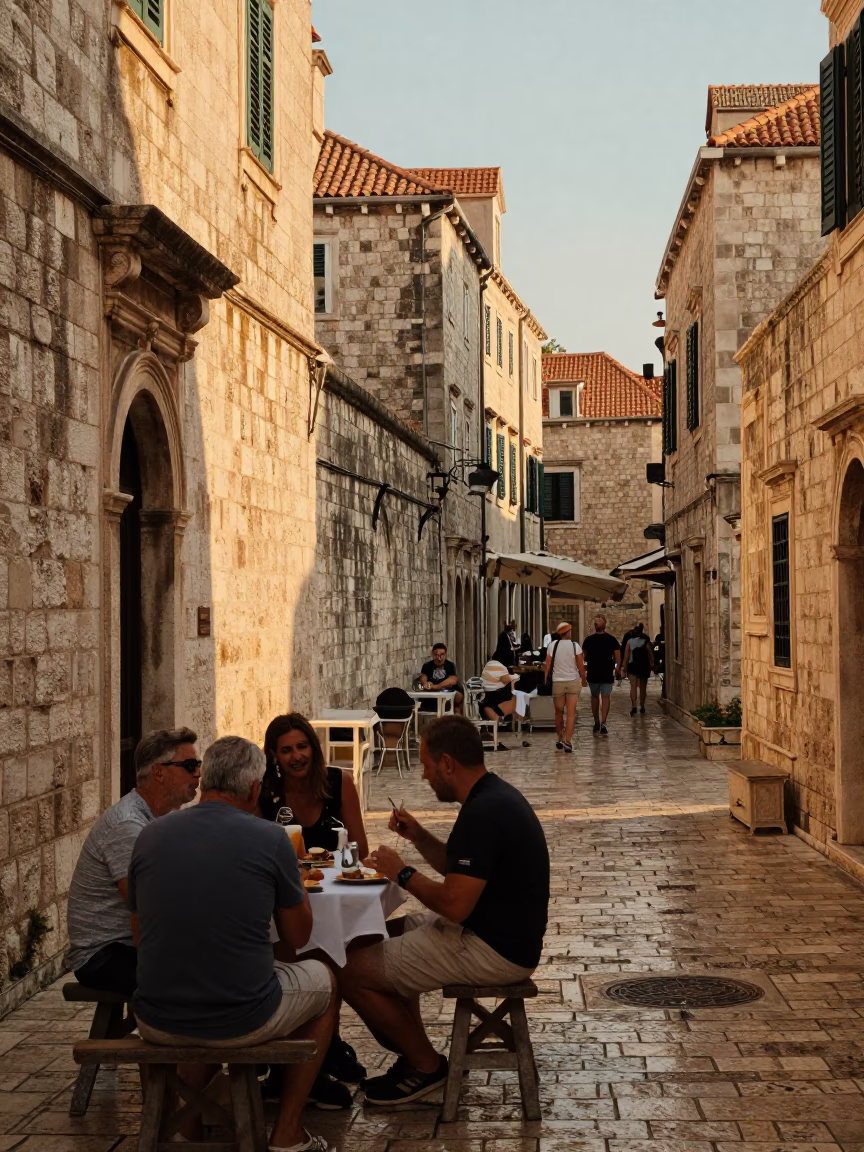 Golden Hour Street Scene in Dubrovnik Croatia with Traditional Lunch and Ancient Stone Walls in in Dubrovnik, Croatia