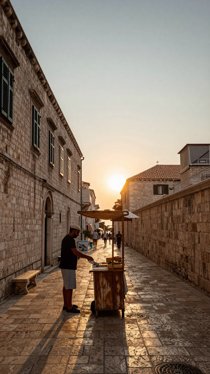 Golden Hour Street Scene in Dubrovnik Croatia with Vintage 1980s Aesthetic and Local Life in in Dubrovnik, Croatia