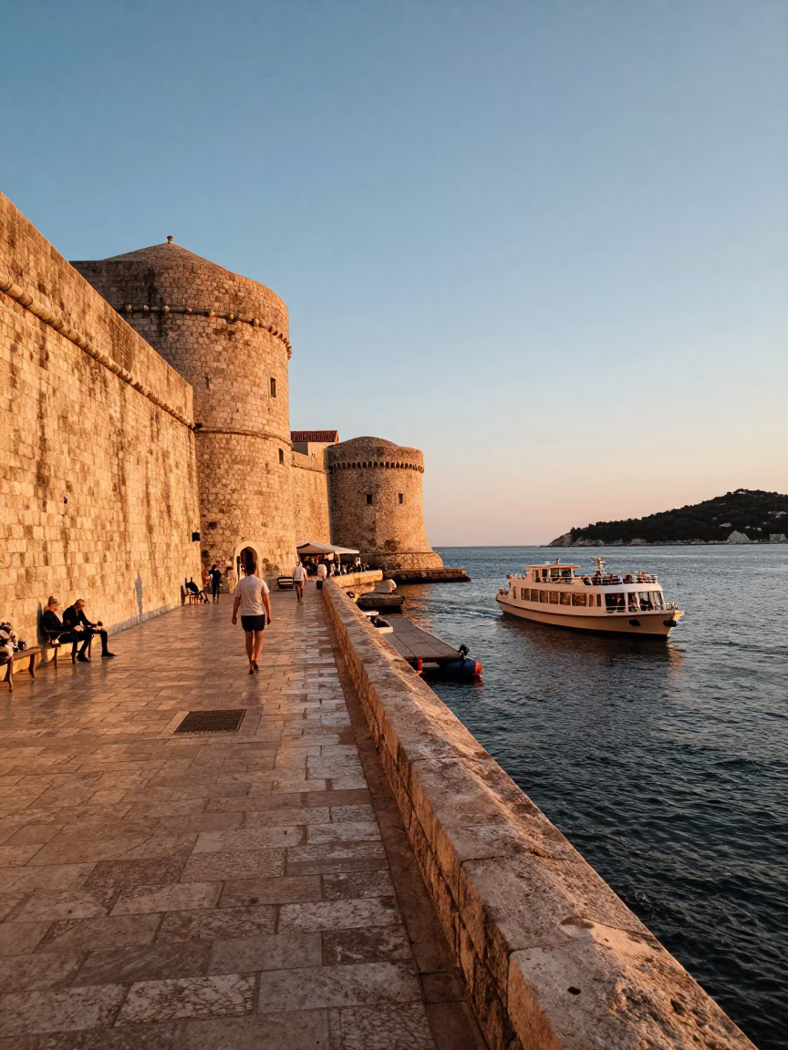 Golden Hour Street Scene in Dubrovnik Croatia with Water Taxi and Bicycle in in Dubrovnik, Croatia