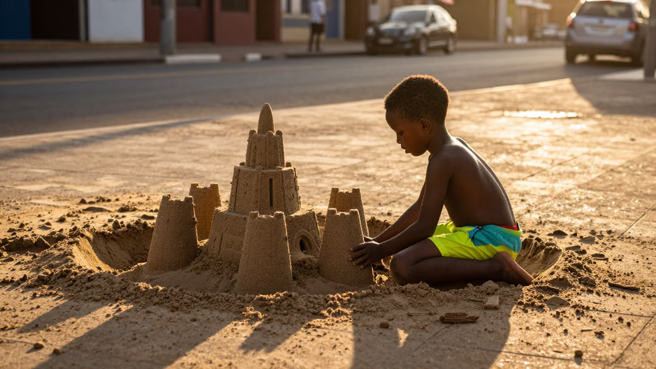 Golden Hour Street Scene in Durban South Africa with Child Building Sandcastle in in Durban, South Africa