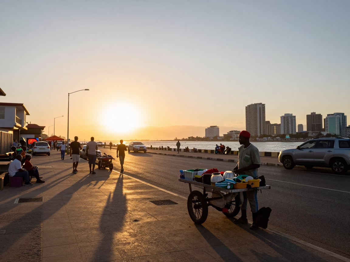 Golden Hour Street Scene in Durban South Africa with Local Vendors and Harbor Views in in Durban, South Africa