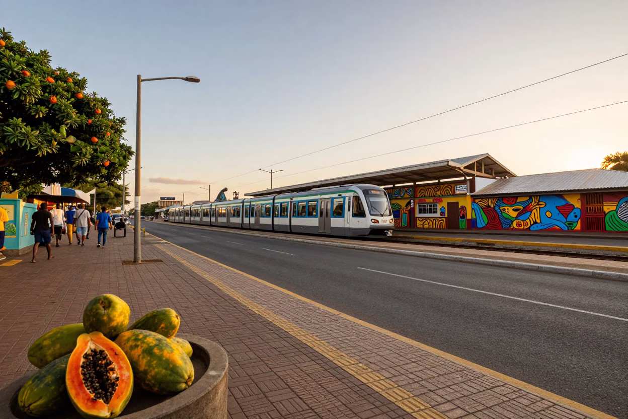 Golden Hour Street Scene in Durban South Africa with Metro Train and Papayas in in Durban, South Africa