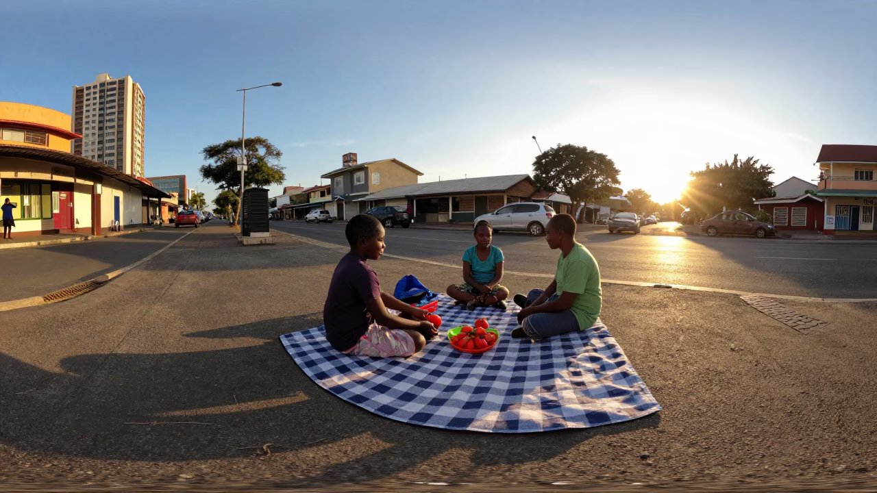 Golden Hour Street Scene in Durban South Africa with Picnic Blanket and Tomatoes in in Durban, South Africa