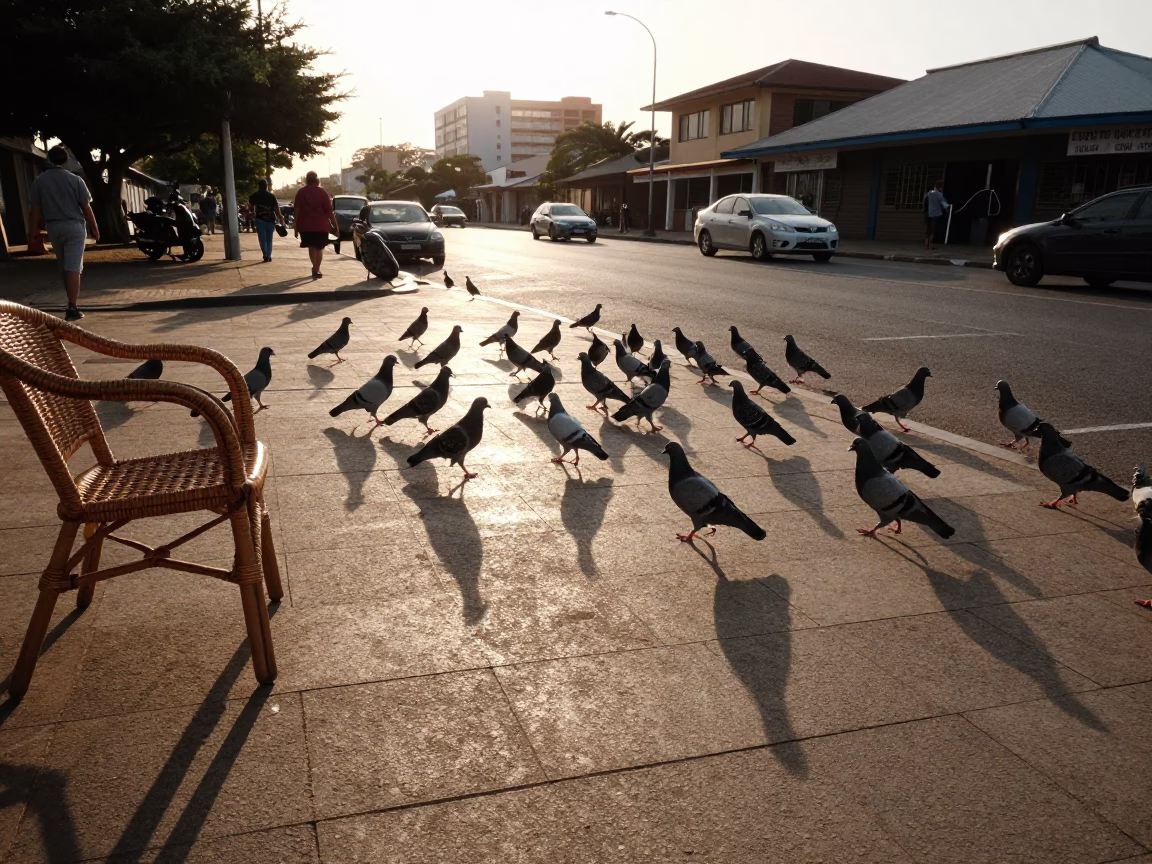 Golden Hour Street Scene in Durban South Africa with Pigeons and Wicker Shadows in in Durban, South Africa