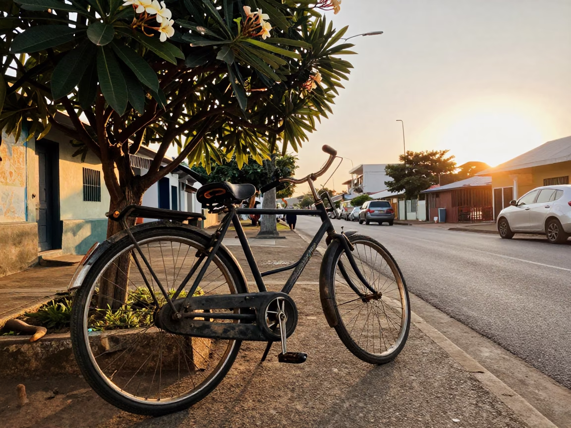Golden Hour Street Scene in Durban South Africa with Vintage Bicycle and Frangipani Bloom in in Durban, South Africa