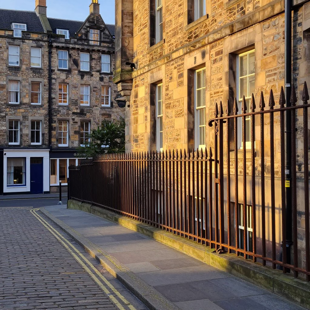 Golden Hour Street Scene in Edinburgh Scotland with Rusty Iron Gate and Clay Planter in in Edinburgh, United Kingdom