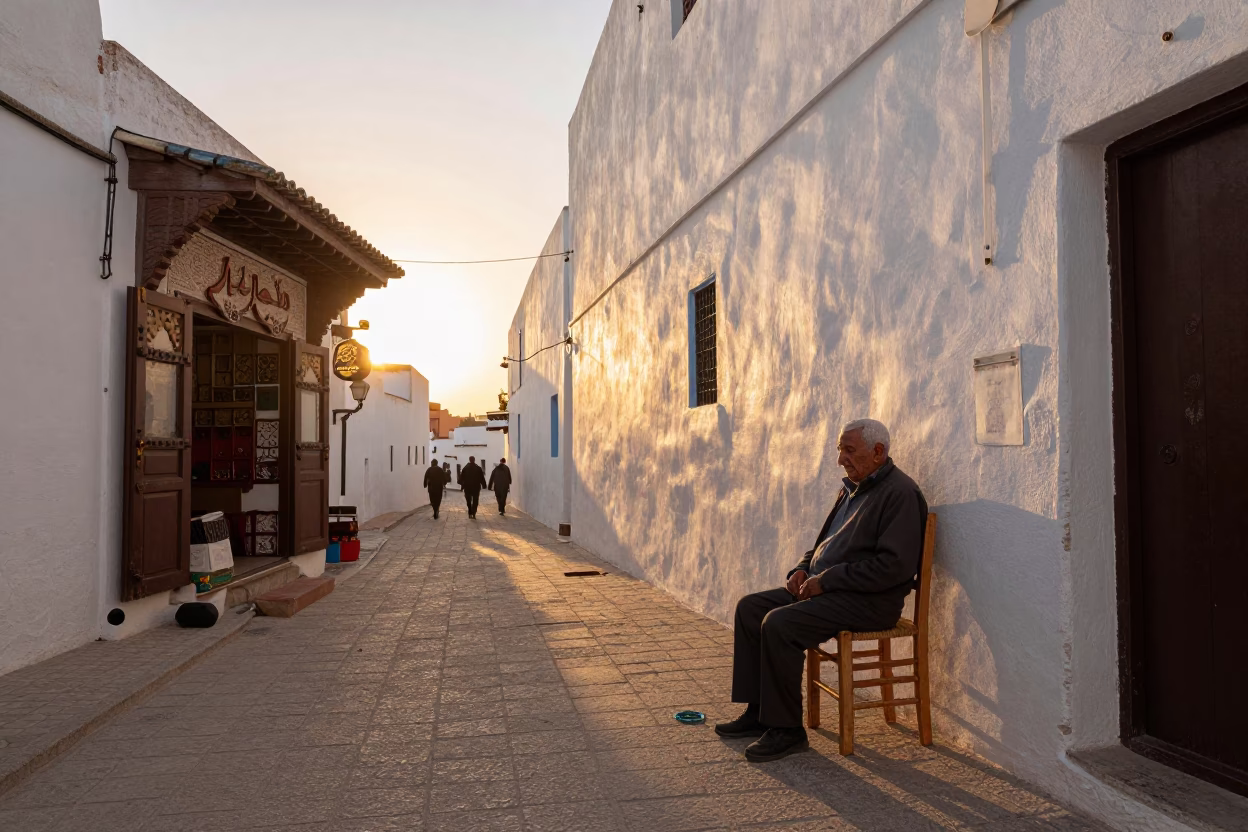 Golden Hour Street Scene in Essaouira Morocco with Chair and Prayer Beads in in Essaouira, Morocco
