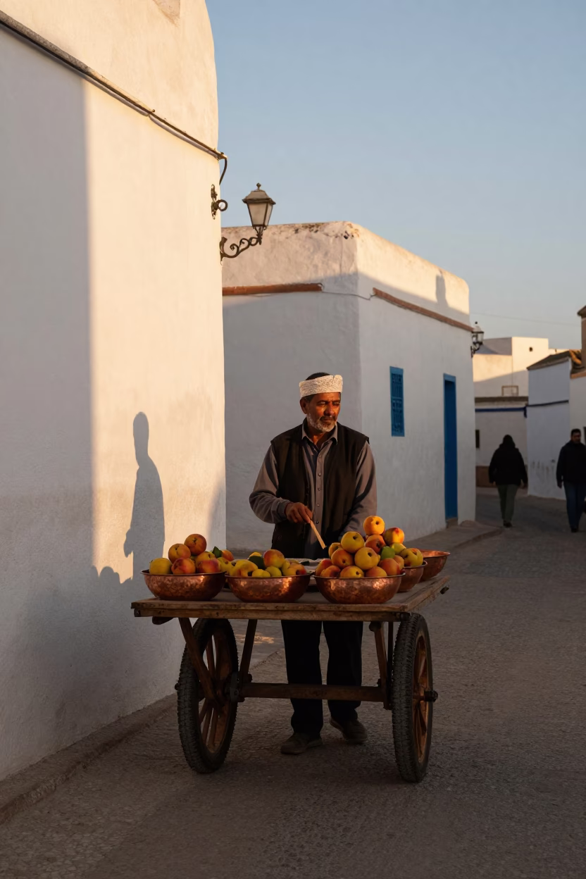 Golden Hour Street Scene in Essaouira Morocco with Copper Bowls and Nectarines in in Essaouira, Morocco