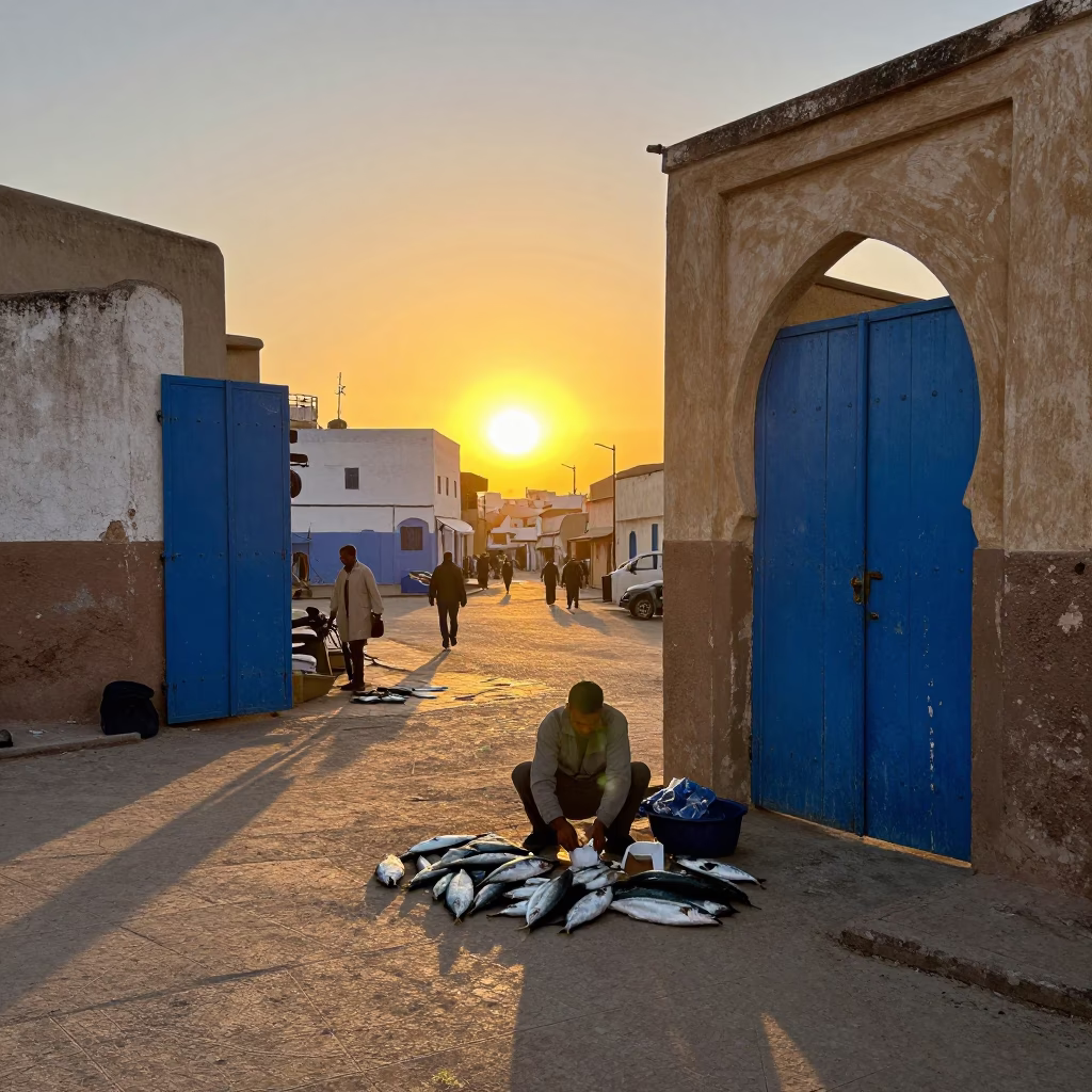 Golden Hour Street Scene in Essaouira Morocco with Local Fisherman and Colorful Fishing Nets in in Essaouira, Morocco