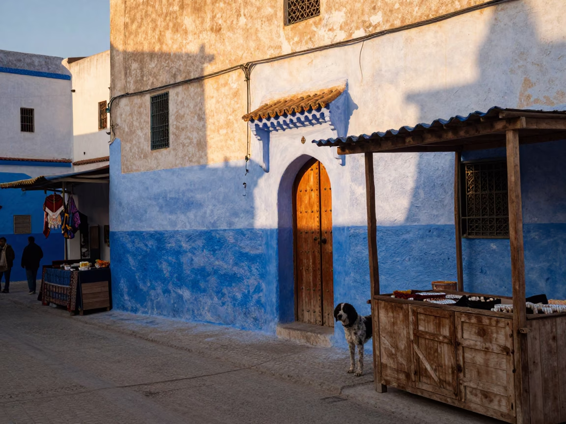 Golden Hour Street Scene in Essaouira Morocco with Local Market Details in in Essaouira, Morocco