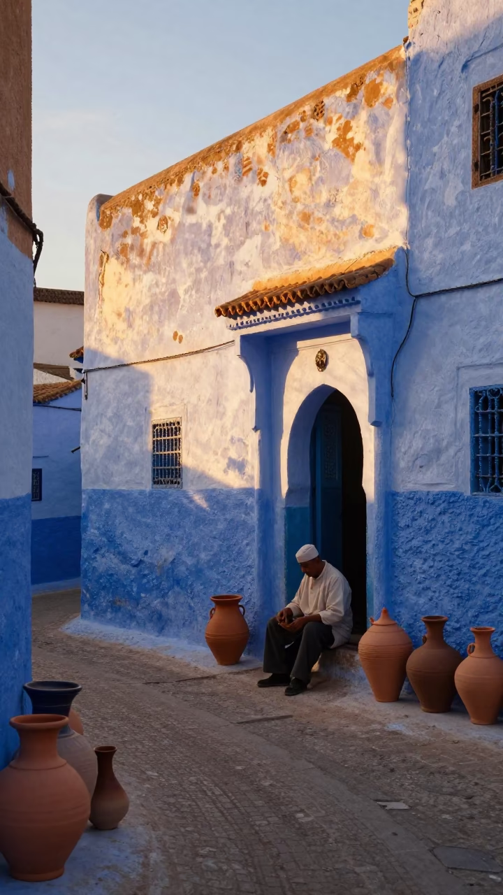 Golden Hour Street Scene in Essaouira Morocco with Traditional Pottery and Local Life in in Essaouira, Morocco