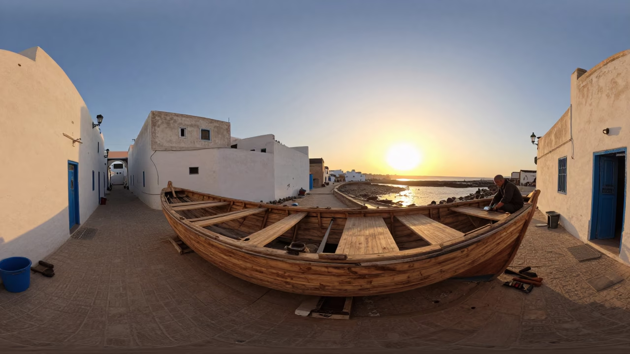 Golden Hour Street Scene in Essaouira Morocco with Wooden Boat Hull Construction in in Essaouira, Morocco