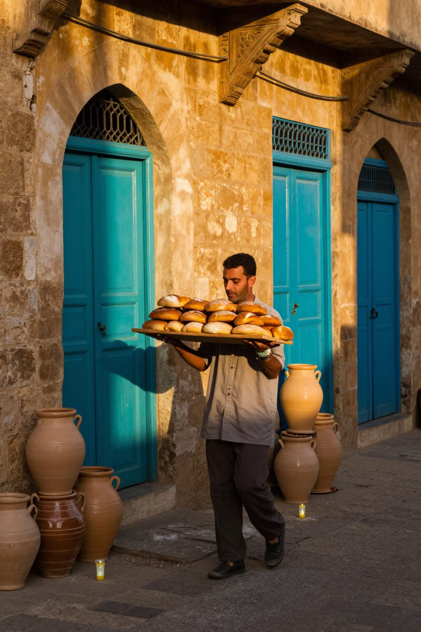 Golden Hour Street Scene in Fez Morocco with Bread and Taper Candles in in Fez, Morocco