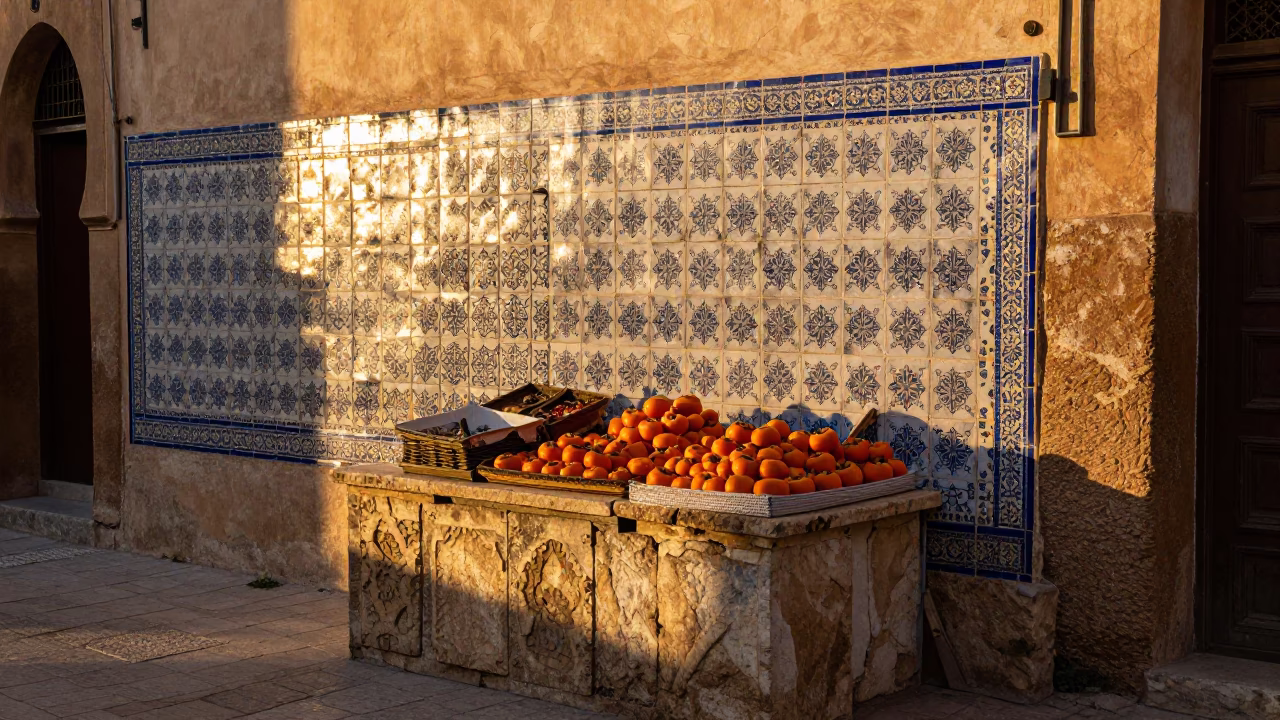 Golden Hour Street Scene in Fez Morocco with Ceramic Tiles and Persimmons in in Fez, Morocco