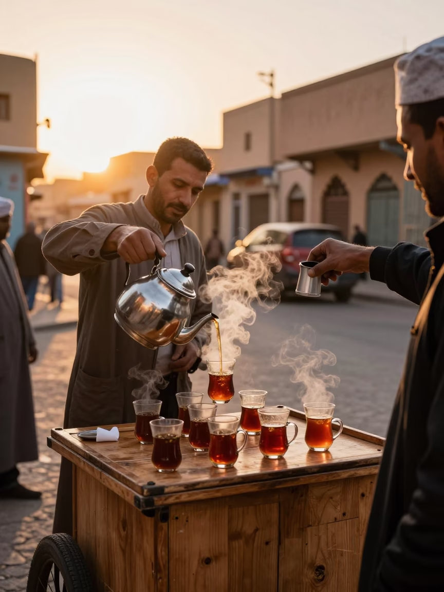 Golden Hour Street Scene in Fez Morocco with Coffee Mugs and Local Interaction in in Fez, Morocco