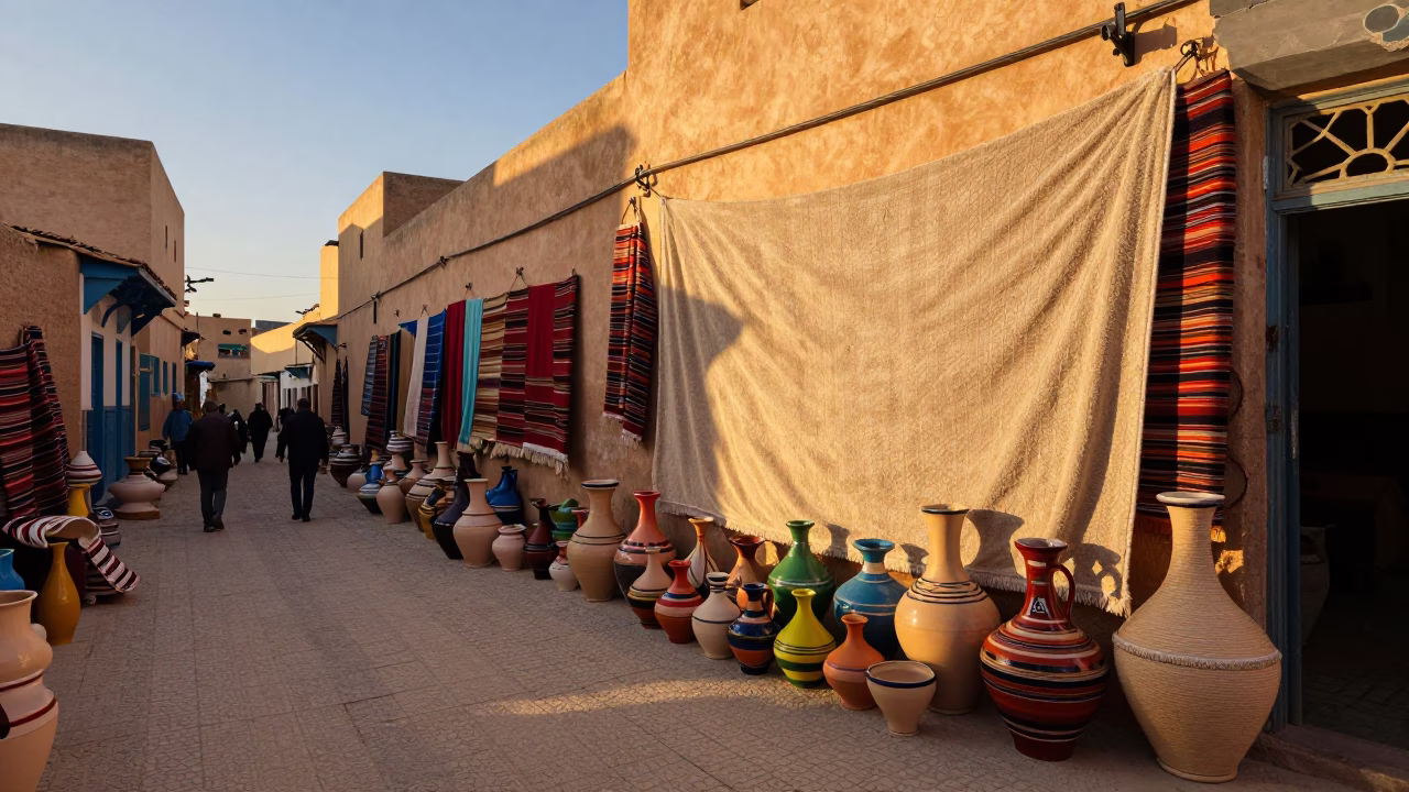 Golden Hour Street Scene in Fez Morocco with Colorful Pottery and Traditional Textiles in in Fez, Morocco
