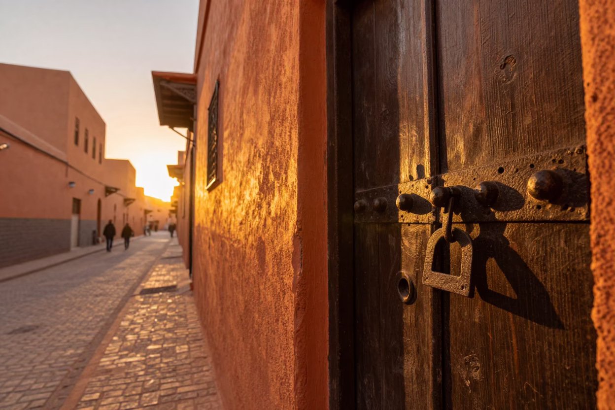 Golden Hour Street Scene in Fez Morocco with Iron Deadbolt and Local Architecture in in Fez, Morocco