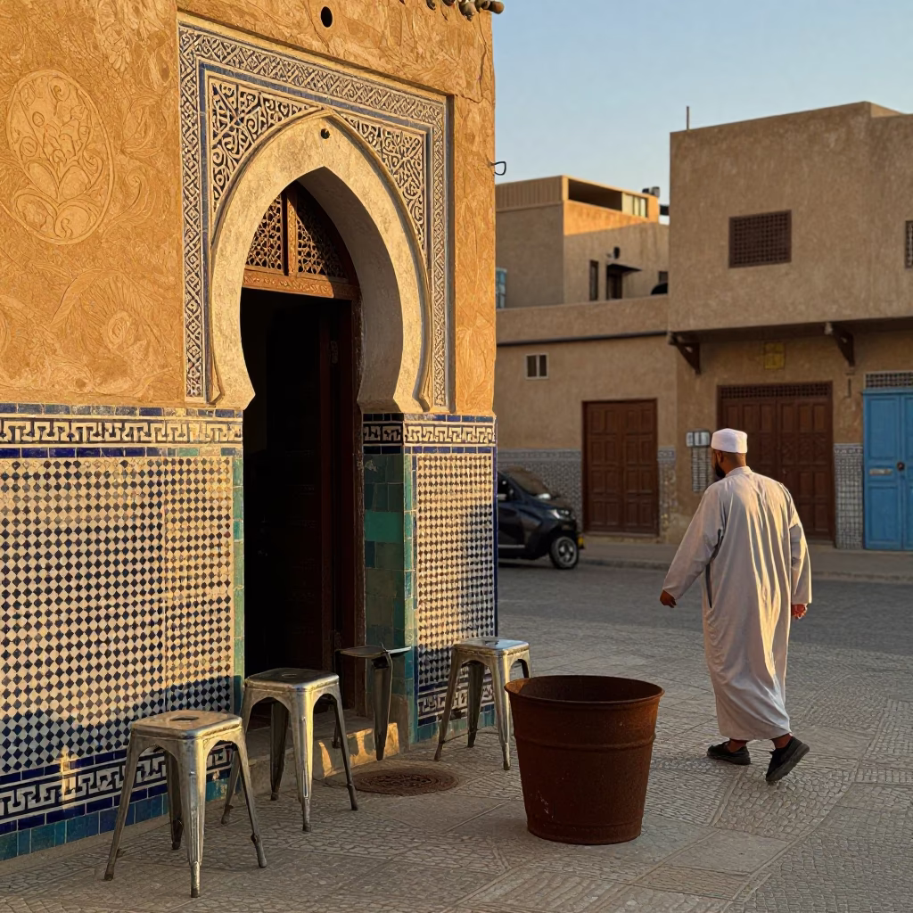 Golden Hour Street Scene in Fez Morocco with Metal Stools and Rustic Bucket in in Fez, Morocco