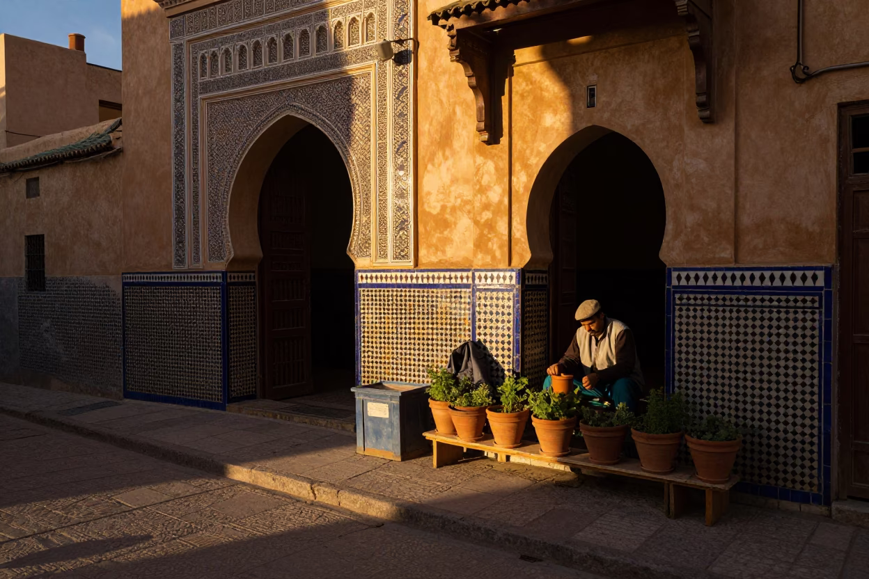 Golden Hour Street Scene in Fez Morocco with Mosaic Tiles and Terracotta Pot in in Fez, Morocco