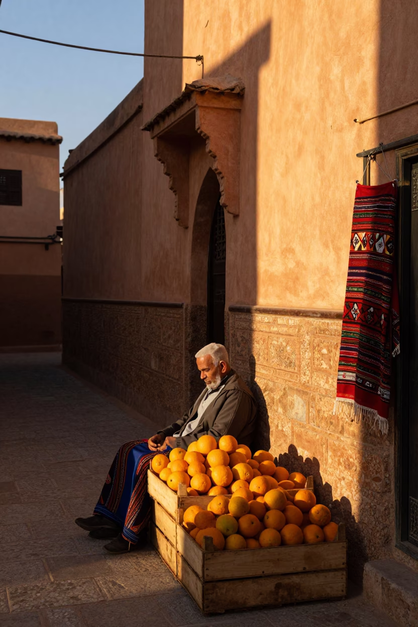 Golden Hour Street Scene in Fez Morocco with Oranges and Traditional Textiles in in Fez, Morocco