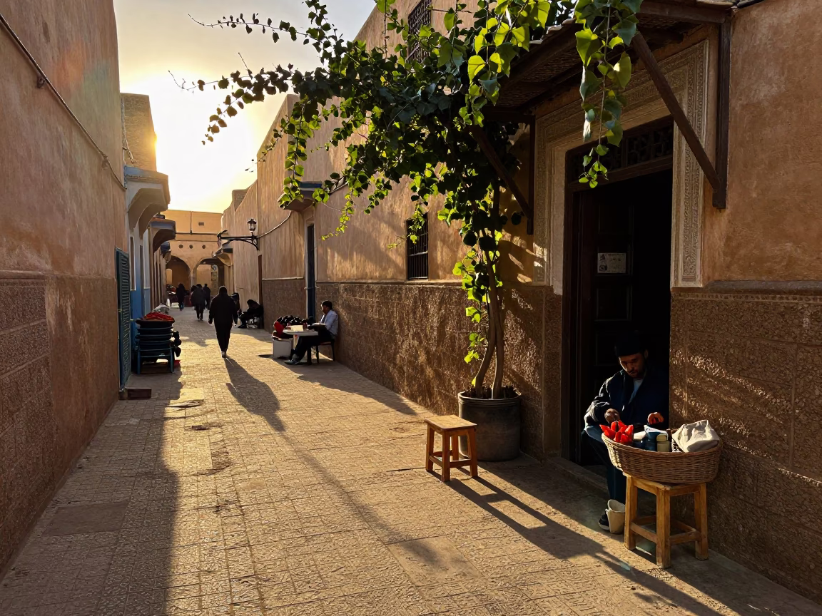Golden Hour Street Scene in Fez Morocco with Stool and Vine Shadows in in Fez, Morocco