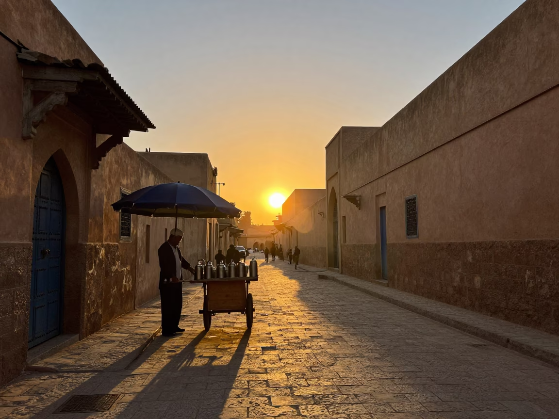 Golden Hour Street Scene in Fez Morocco with Thermos and Umbrellas in in Fez, Morocco