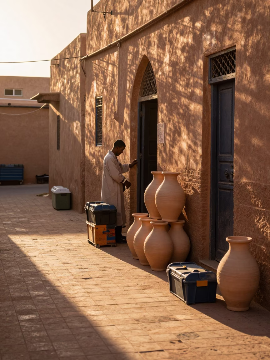 Golden Hour Street Scene in Fez Morocco with Toolboxes and Stoneware Crocks in in Fez, Morocco