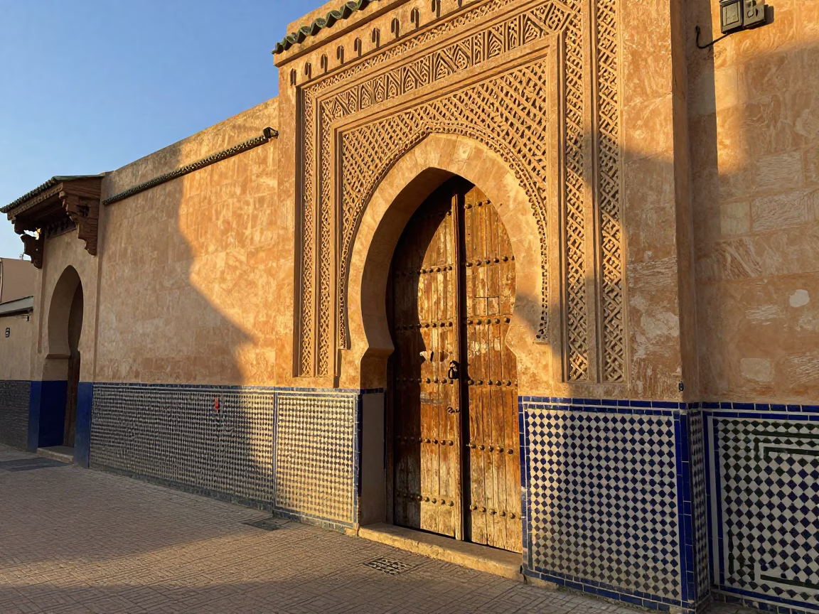Golden Hour Street Scene in Fez Morocco with Traditional Architecture and Local Life in in Fez, Morocco