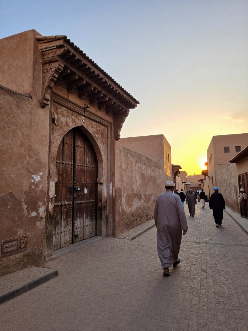 Golden Hour Street Scene in Fez Morocco with Traditional Attire and Rustic Architecture in in Fez, Morocco