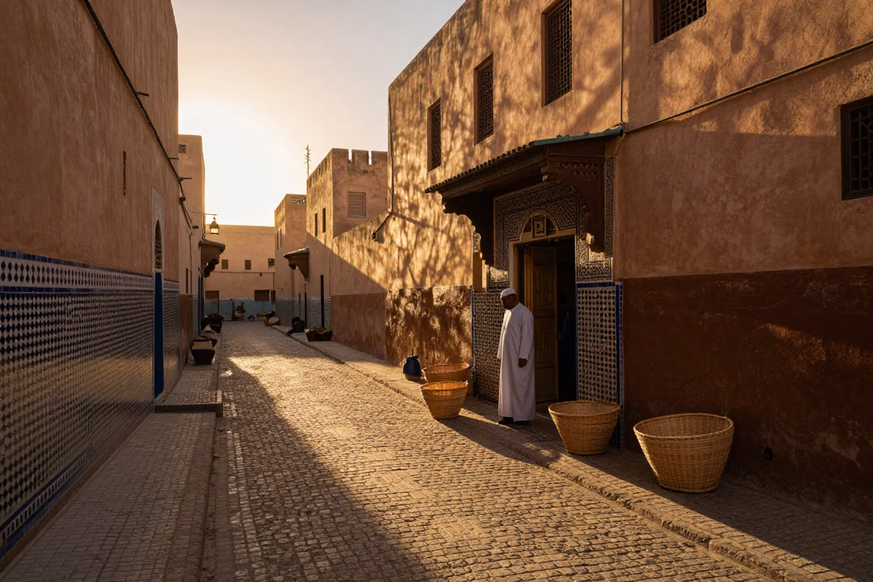 Golden Hour Street Scene in Fez Morocco with Traditional Basket and Daily Life in in Fez, Morocco