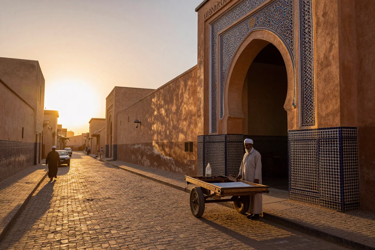 Golden Hour Street Scene in Fez Morocco with Traditional Craftsmen and Historic Architecture in in Fez, Morocco
