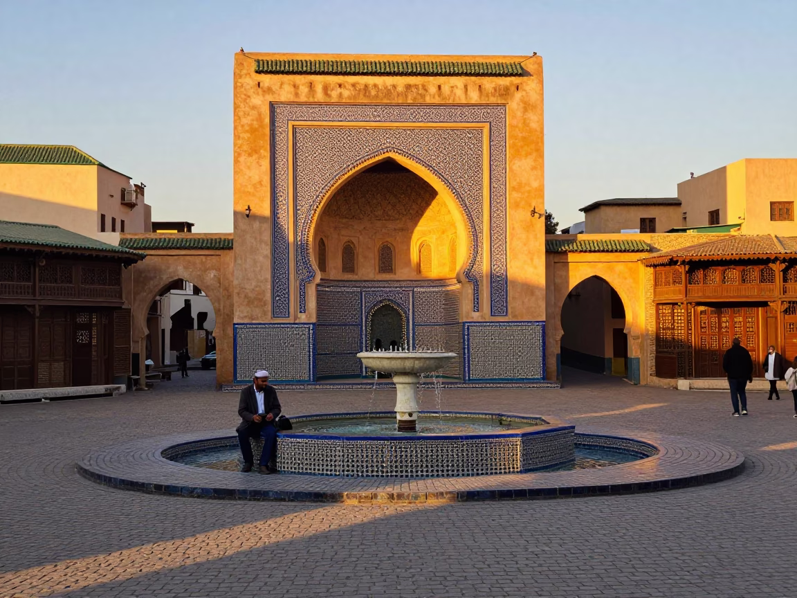 Golden Hour Street Scene in Fez Morocco with Traditional Fountain and Local Artisans in in Fez, Morocco