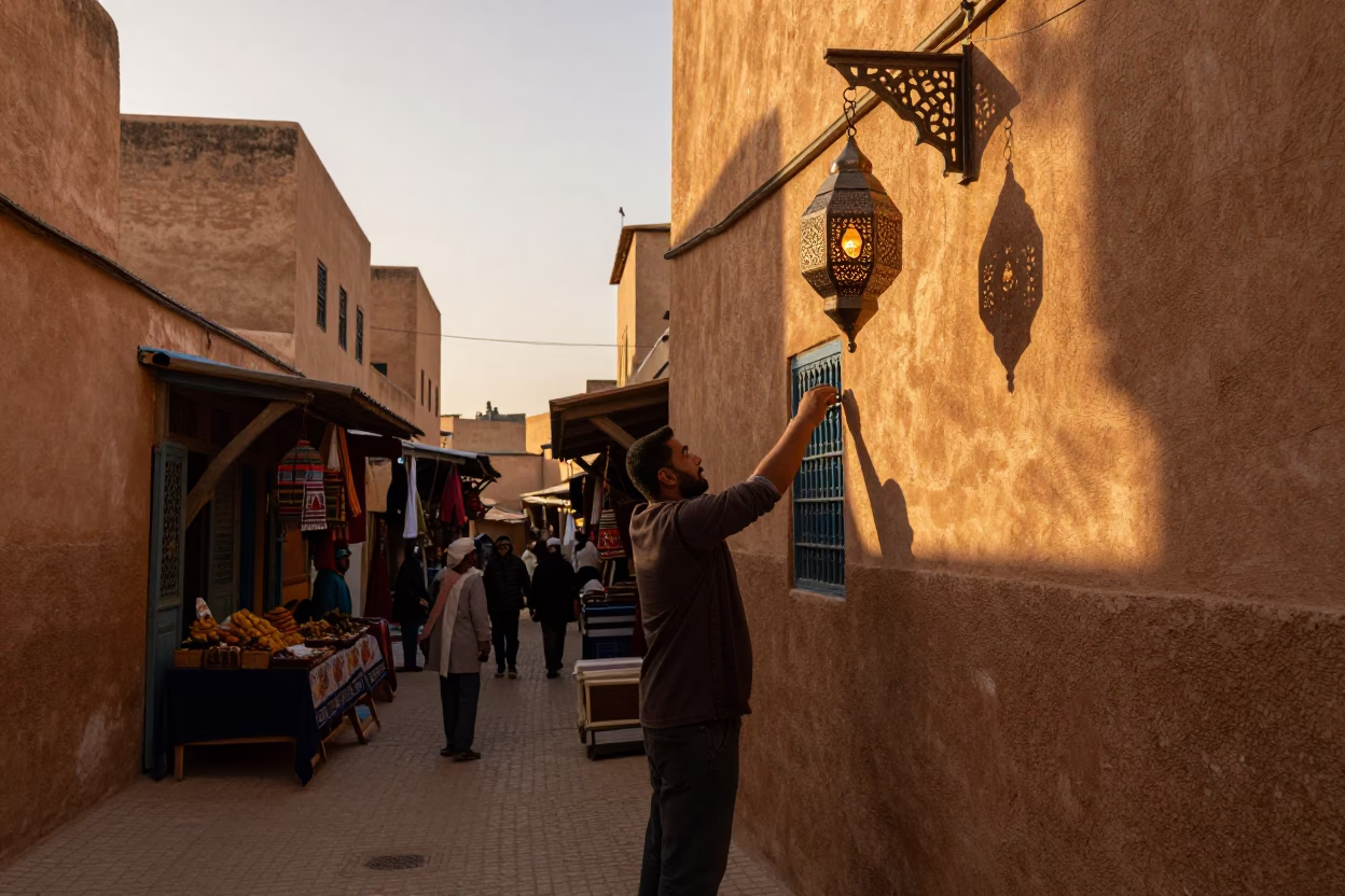 Golden Hour Street Scene in Fez Morocco with Traditional Lantern and Market Activity in in Fez, Morocco