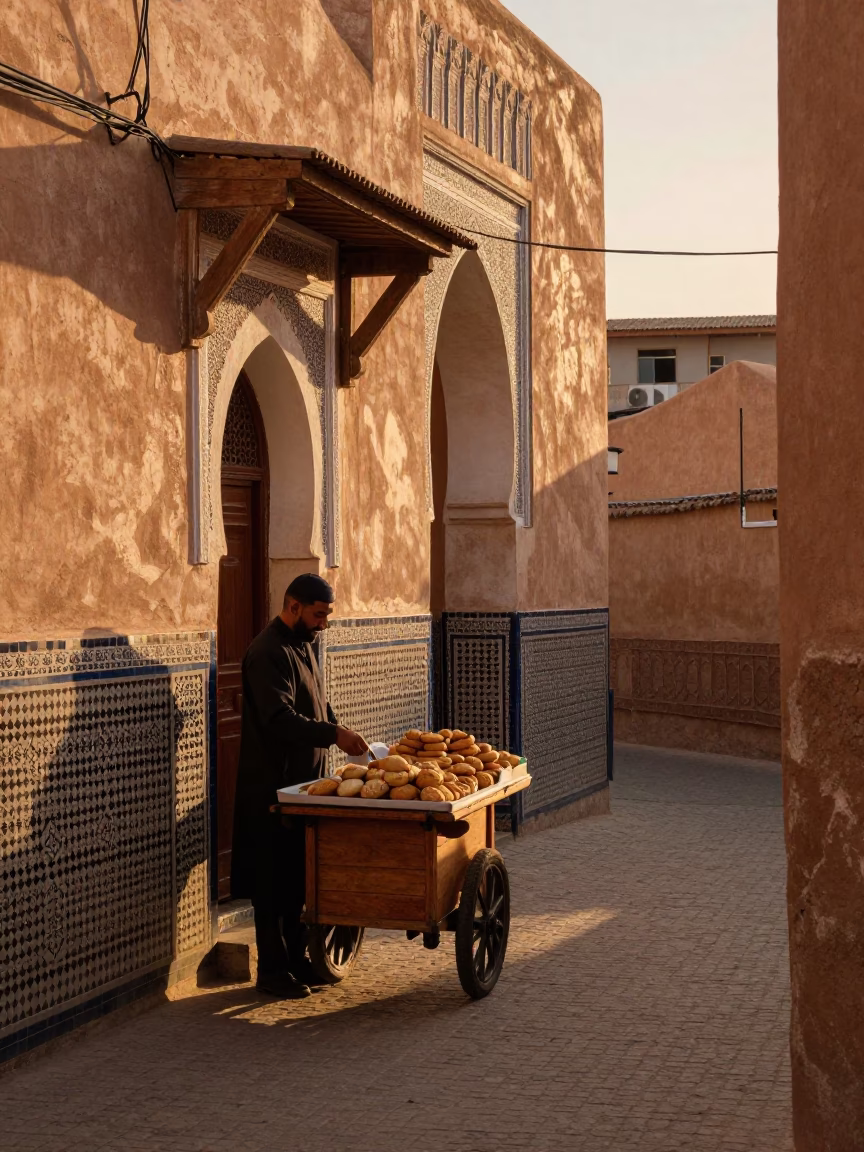 Golden Hour Street Scene in Fez Morocco with Traditional Pastries and Rustic Details in in Fez, Morocco