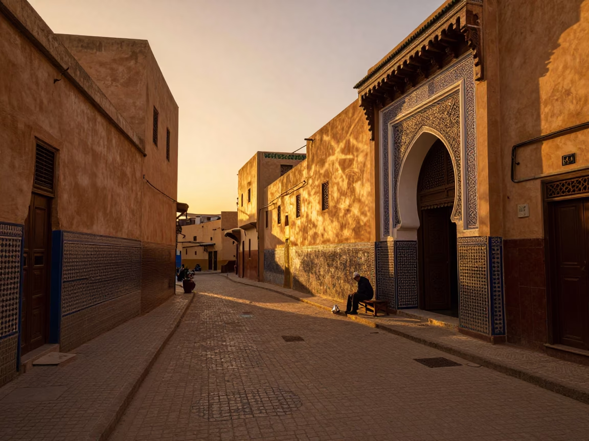 Golden Hour Street Scene in Fez Morocco with Traditional Tea Service in in Fez, Morocco