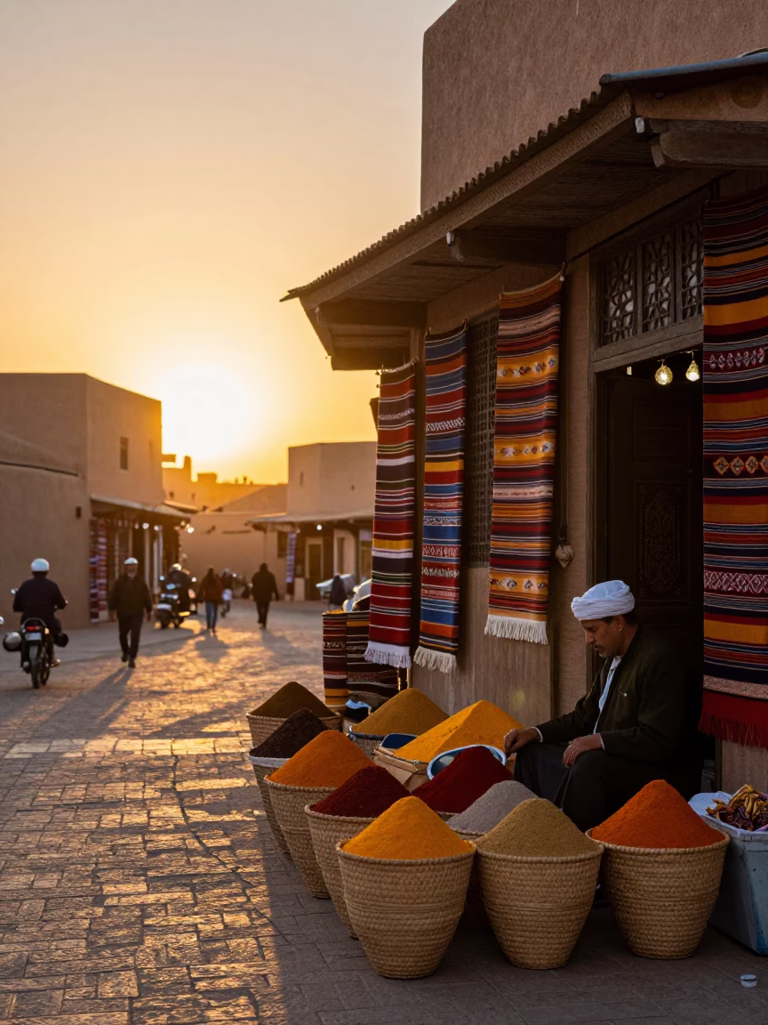 Golden Hour Street Scene in Fez Morocco with Traditional Textile Shop and Overloaded Truck in in Fez, Morocco