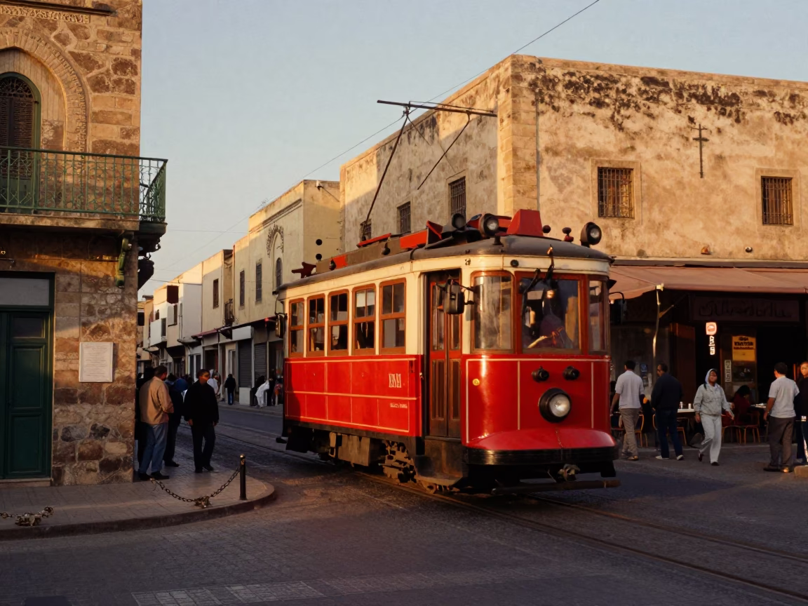 Golden Hour Street Scene in Fez Morocco with Tram and Stone Architecture in in Fez, Morocco