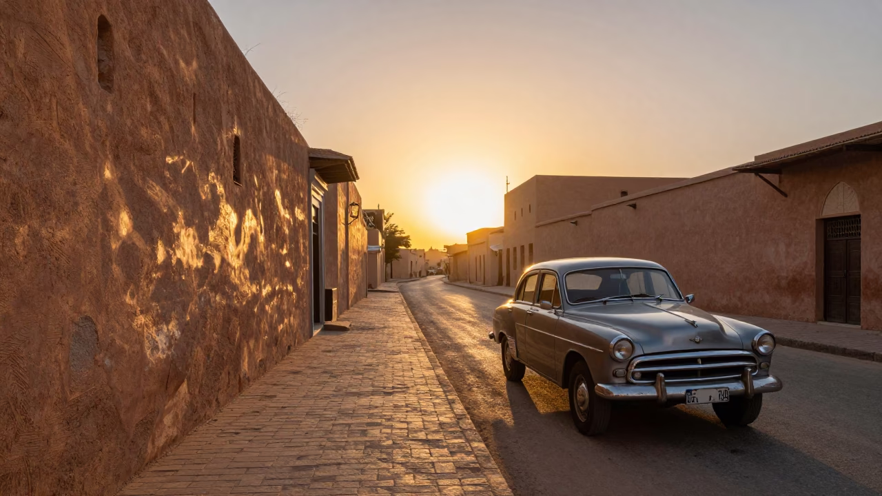 Golden Hour Street Scene in Fez Morocco with Vintage Car and Local Life in in Fez, Morocco