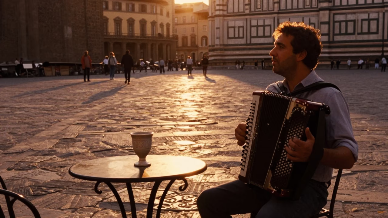 Golden Hour Street Scene in Florence Italy with Accordion Player and Goblet in in Florence, Italy
