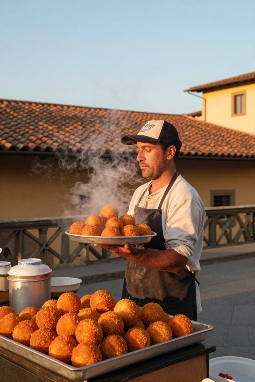 Golden Hour Street Scene in Florence Italy with Arancini and Traditional Architecture in in Florence, Italy