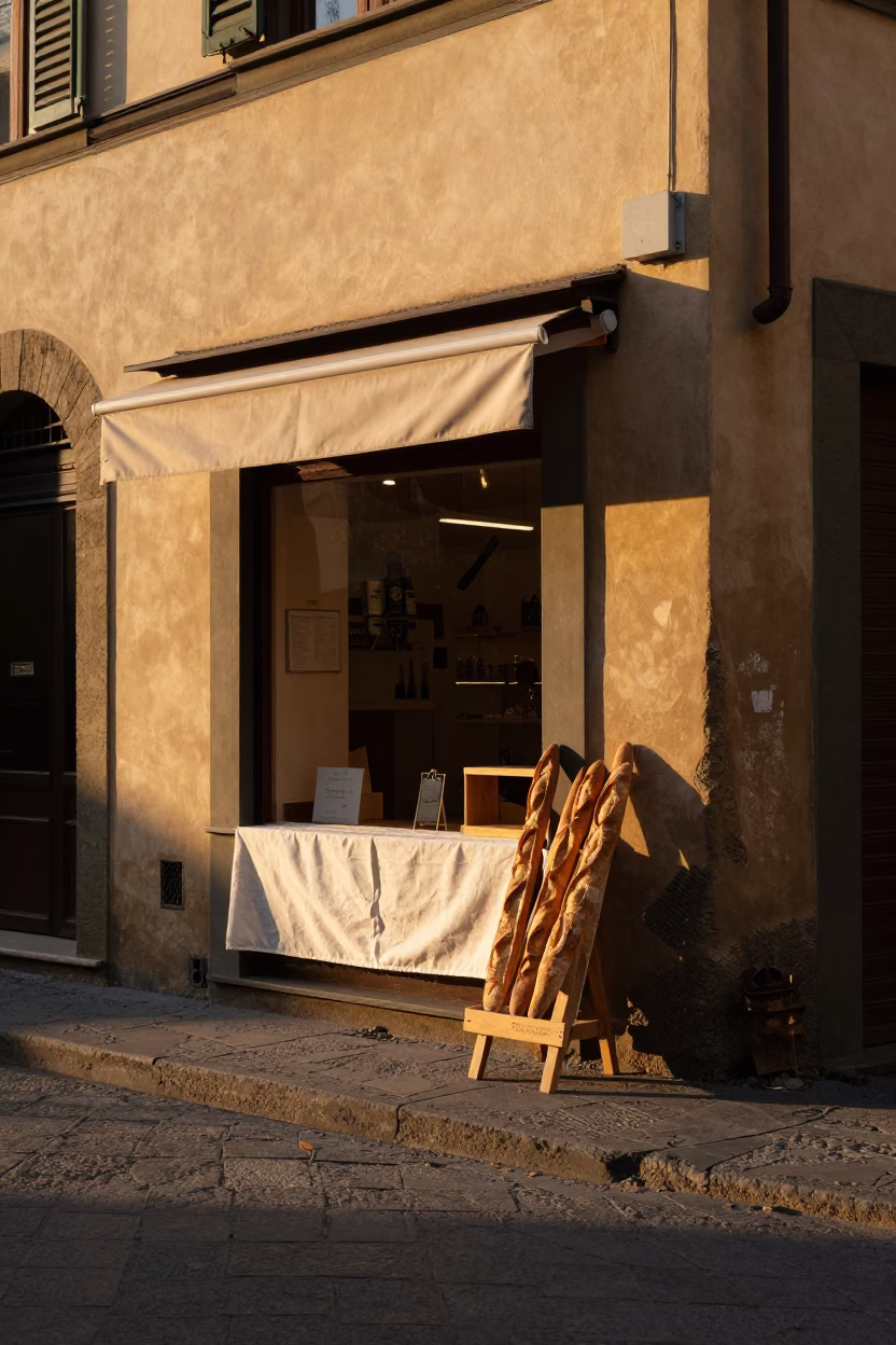 Golden Hour Street Scene in Florence Italy with Baguettes and Linen Runner in in Florence, Italy