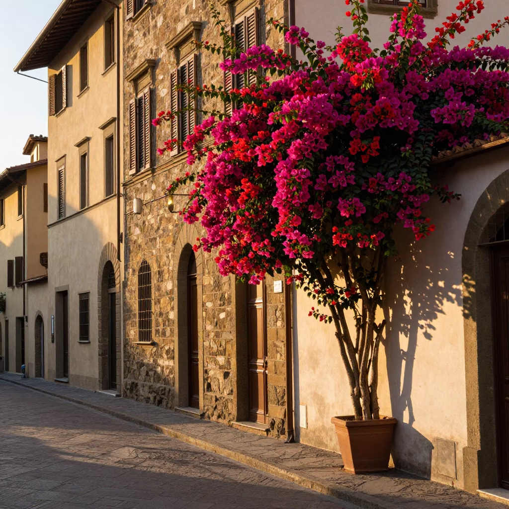 Golden Hour Street Scene in Florence Italy with Bougainvillea and Local Life in in Florence, Italy
