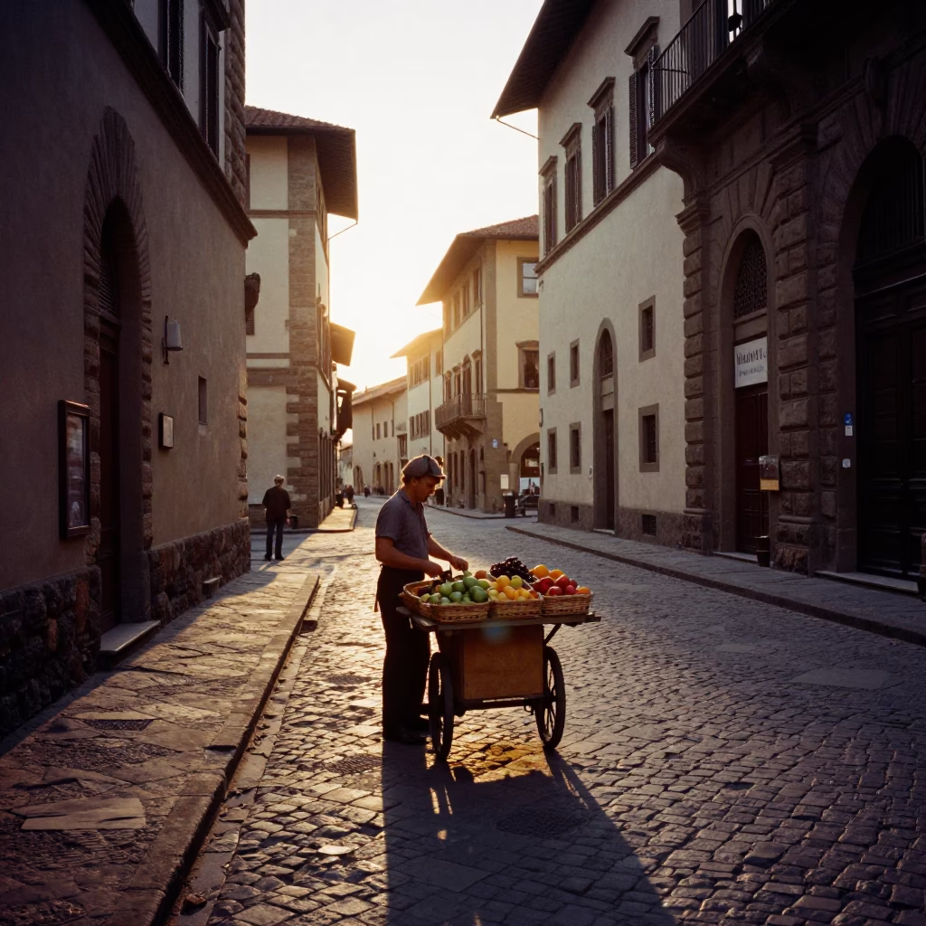 Golden Hour Street Scene in Florence Italy with Cobblestones and Historic Architecture in in Florence, Italy
