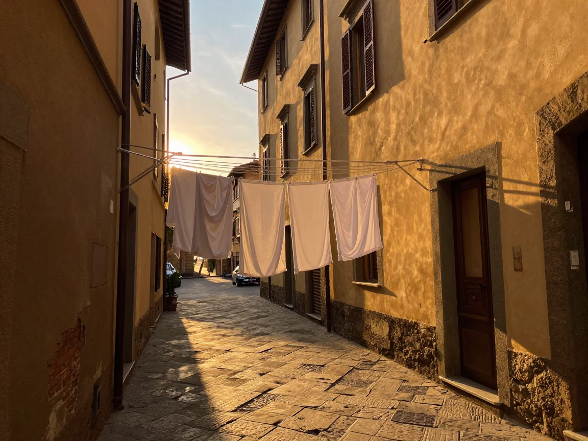 Golden Hour Street Scene in Florence Italy with Drying Laundry and Glass Tumbler in in Florence, Italy